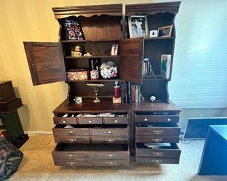 $375 USD     1970s Vintage Ethan Allen Old Tavern Shutter Door Cabinets PD138-23    Description:  Vintage Ethan Allen Antiqued Pine Cabinets/Dressers with Shutter Door Hutch from the Old Tavern Collection. Hutches sit on the base cabinets and can be use as a separate piece of furniture for displaying or as a bookcase. The base cabinets house drawers for use as dressers, storage for linens, keepsakes... 

Dimensions:

Total: 64 x 18.5 x 79 in
Small Bookcase:  Lower 24 x 18.5 x 30 in. Upper 24 x 10 x 48 in
Large Bookcase: Lower 40 x 18..5 x 30 in. Upper 32 x 10 x 48"
Condition: Good solid condition. There are the expected signs of use and wear associated with age. There is writing on the upper Louvres. 

Location: Local pick up Lake Oswego, OR.  Shipper suggestions available upon request. Item located on the lower floor with outdoor access.      https://goodbyhello.com/products/copy-of-vintage-brass-tube-queen-bed-headboard-and-footboard-pd138-22?_pos=12&_sid=5b437770c&_ss=r