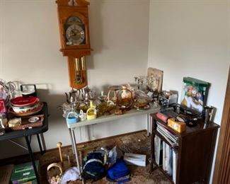 Clock, records, silver plate, dishes