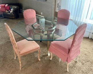 Glass & brass dining room table seats 8