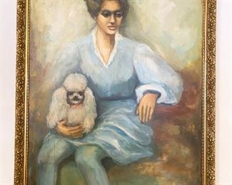 Mid-Century Modern original portrait of woman with toy poodle