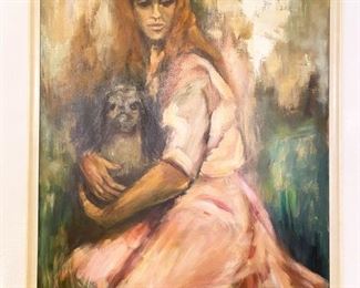 Mid-Century Modern original portrait of a woman with a Pekinese dog 