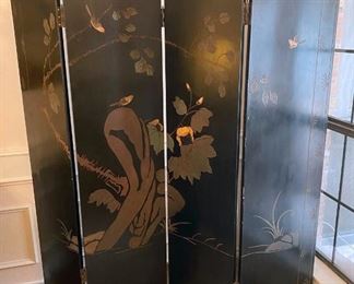 4-Panel Black Lacquer Asian Chinoiserie Room Divider Screen with Crane and Floral Inlaid Design