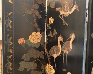 4-Panel Black Lacquer Asian Chinoiserie Room Divider Screen with Crane and Floral Inlaid Design
