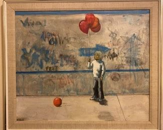Boy with Red Balloons in front of graffiti wall original painting