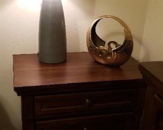 Night stand,  lamp and Brass swan planter