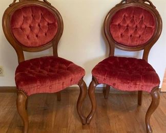Pair Of Vintage Kimball Tufted Velvet Chairs With Rose Carving