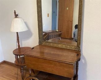 Vintage Framed Wall Mirror Rolling Cart And Lamp Table
