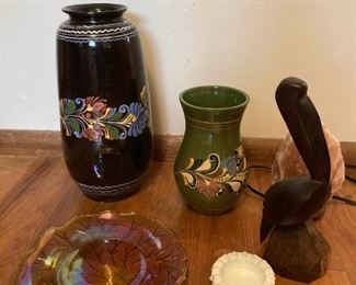 Vintage Hungarian Vases And Carved Teak Pelican