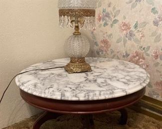 Vintage Mahogany Cocktail Table With Marble Top And Glass And Brass Lamp