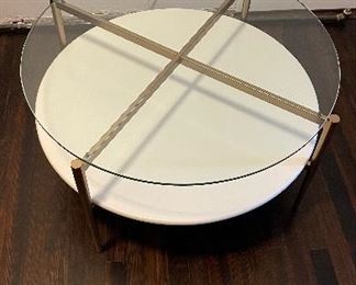 West Elm Round Cocktail Table with Glass Top and Gold Metal Base. Measures 32" D x 17.5" D. Photo 1 of 2. 