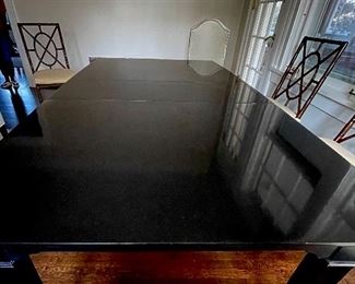 Lexington Black Lacquer Extension Dining Table. Measures 68 - 98" L  with Two 15" leaves. 43" D x 30" H with 26" Clearance. Photo 2 of 3. 