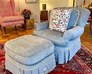 $250. Custom Upholstered Barrel Chair by Pearson Furniture Ottoman Included. Good condition. Spot cleaning recommended. Chair: 38 x 46 x 34. Ottoman: 27 x 22 x 15.5. Full cushions and comfortable! 