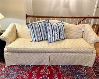 $650. Custom Upholstered Camelback Sofa. Great condition. Minor spot cleaning recommended. 80 x 28 x 34