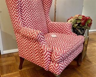 $350. Custom Upholstered Ikat Chevron Antique Wingback Chair. A pop of color for your home! 31 x 35.5 x 45.