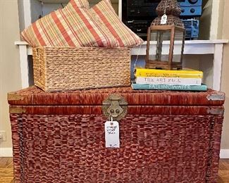 $80. Vintage Wicker Trunk. Good for holding blankets, books, and any other creature comforts. Some wear around base. 36 x 20 x 19.5.