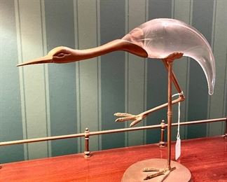 $350. Frederick Cooper Glass & Brass Crane. Circa 1980s. 14 x 4 x 11.