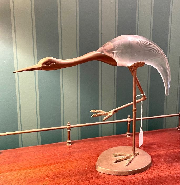 $350. Frederick Cooper Glass & Brass Crane. Circa 1980s. 14 x 4 x 11.