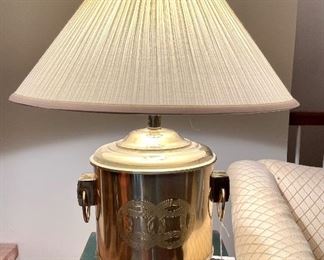 $200. Large Vintage Chinoiserie “Double Happiness” Brass Drum Table Lamp. 13 x 13 x 26.