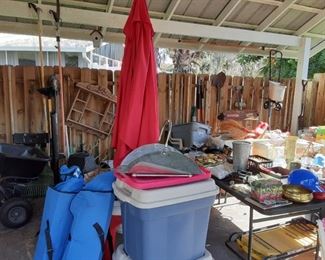 Misc. Table Umbrella, Folding Chairs in Carrying Case & Lots of Misc