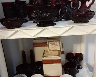 Avon Ruby Red Glass, Fenton Hobnail Bowl & 2 Magnolia Cup & Saucers