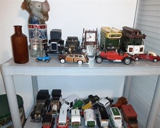 Vintage Truck Banks on Bottom Shelf & Misc