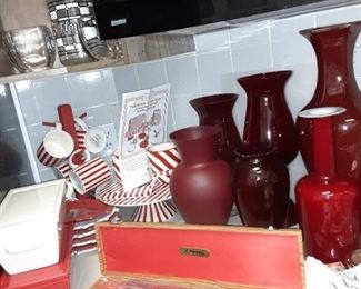 Red & White Cups, Cake Pedestal & Server. JC Penny Knife Carving Set in Box, Red Vases
