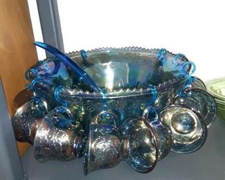 Most Beautiful - Blue Carnival Glass Punch Bowl with 12 Cups & Ladel