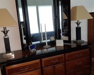 Beautiful Asian Bedroom Set. Dresser with black lacquer top & Brass Accents.  Fold out panels on the mirror.  THIS SET IS NOT AT OUR SALE LOCATION BUT WE CAN MAKE ARRANGEMENTS FOR YOU TO SEE IT!