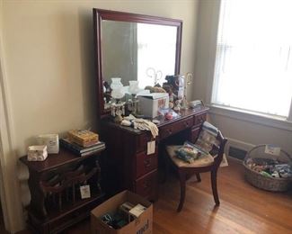 vanity with bench, book table, beanie babies, lamps, TN bank