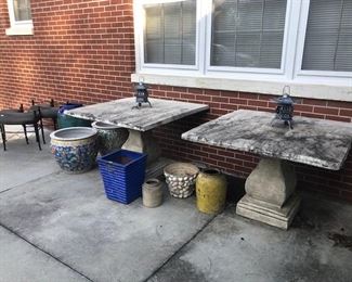 concrete tables from the mart and various pots