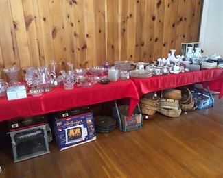 small kitchen appliances and baskets, vases, vintage advertising