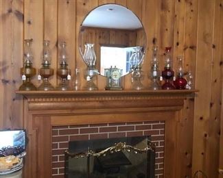 oil lamps, mirror, brass fireplace misc.