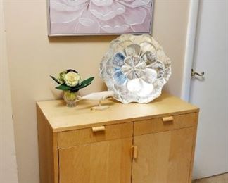 Two door birch cabinet and decor