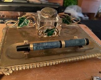 Antique brass pen tray and inkwell 