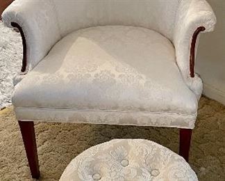 ANTIQUE WINGBACK CHAIR, FRINGED OTTOMAN