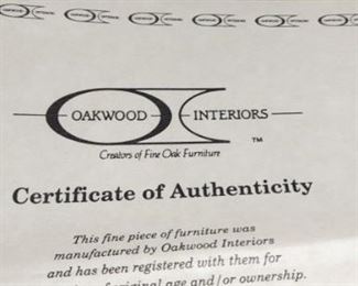Each peice of Oakwood Interiors furniture has certificate of authenticity and is numbered