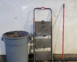 Coastwide Rolling Trash Bin, Cosco 3-Step Ladder, and a Red Libman Shop Broom