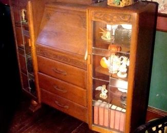 Victorian fall front desk, display cabinet with leaded glass doors, 1890's.