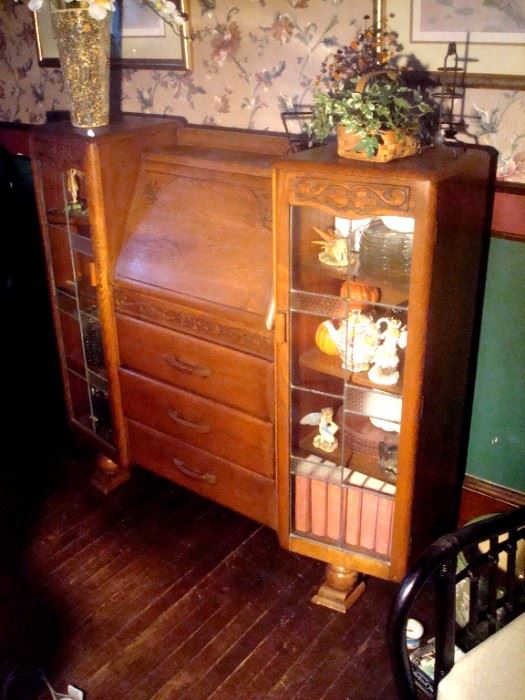 Victorian fall front desk, display cabinet with leaded glass doors, 1890's.