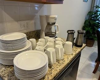 48 Pc Gibson Home White Double Silver Band China Service for 12  12 Dinner Plates, 12 Bowls, 12 Salad/Dessert Plates & 12 large Coffee Cups/Mugs