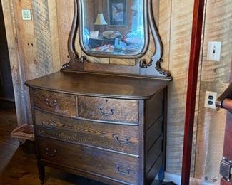 oak dresser w/mirror; hat rack