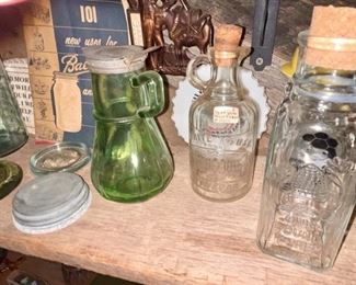 glass syrup jar, small White House Vinegar bottle, Planters Peanut bottle 