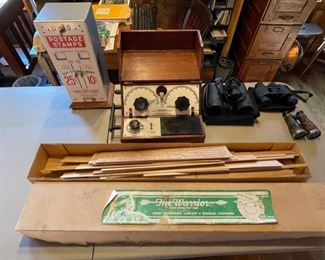postage stamp dispenser, scientific meter, wooden plane kit