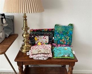 END TABLE, LAMP, HANDMADE BAGS & POUCHES