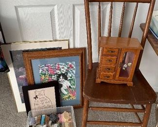 WOOD CHAIR, WALL ART, SOAPS