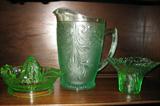Green Tiara Pitcher, Vaseline Glass Hazel Atlas Reamer