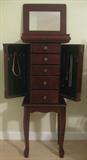 Mahogany stained 5 drawer, lift top with wing side jewelry chest