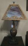 Antique Brass - Copper Font Lamp with Purple Slag Glass Panel Shade