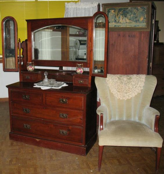 BEVEL MIRROR ANTIQUE CHERRY DRESSER  AND CHANNEL BACK ARM CHAIR