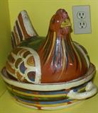 LARGE HAND PAINTED TERRA COTTA CHICKEN ROASTER